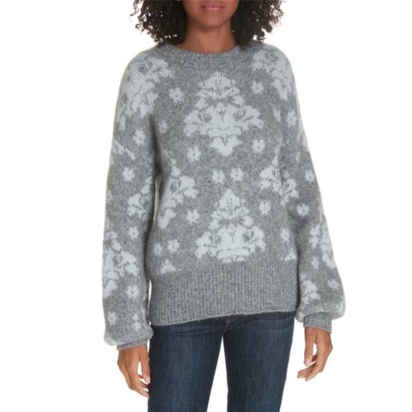 LEWIT Gray Jacquard Print Mohair Wool Blend Pullover Sweater Size Large Balloon - Picture 2 of 9
